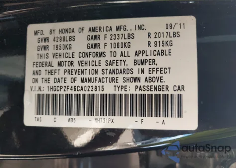 2012 Honda Accord 2.4 Lx-P from USA, damaged, VIN 1HGCP2F46CA023815
